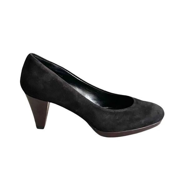 𝅺BROWNS SHOES Suede Slip On Almond Toe Pump Heels Platform Black - Picture 1 of 12